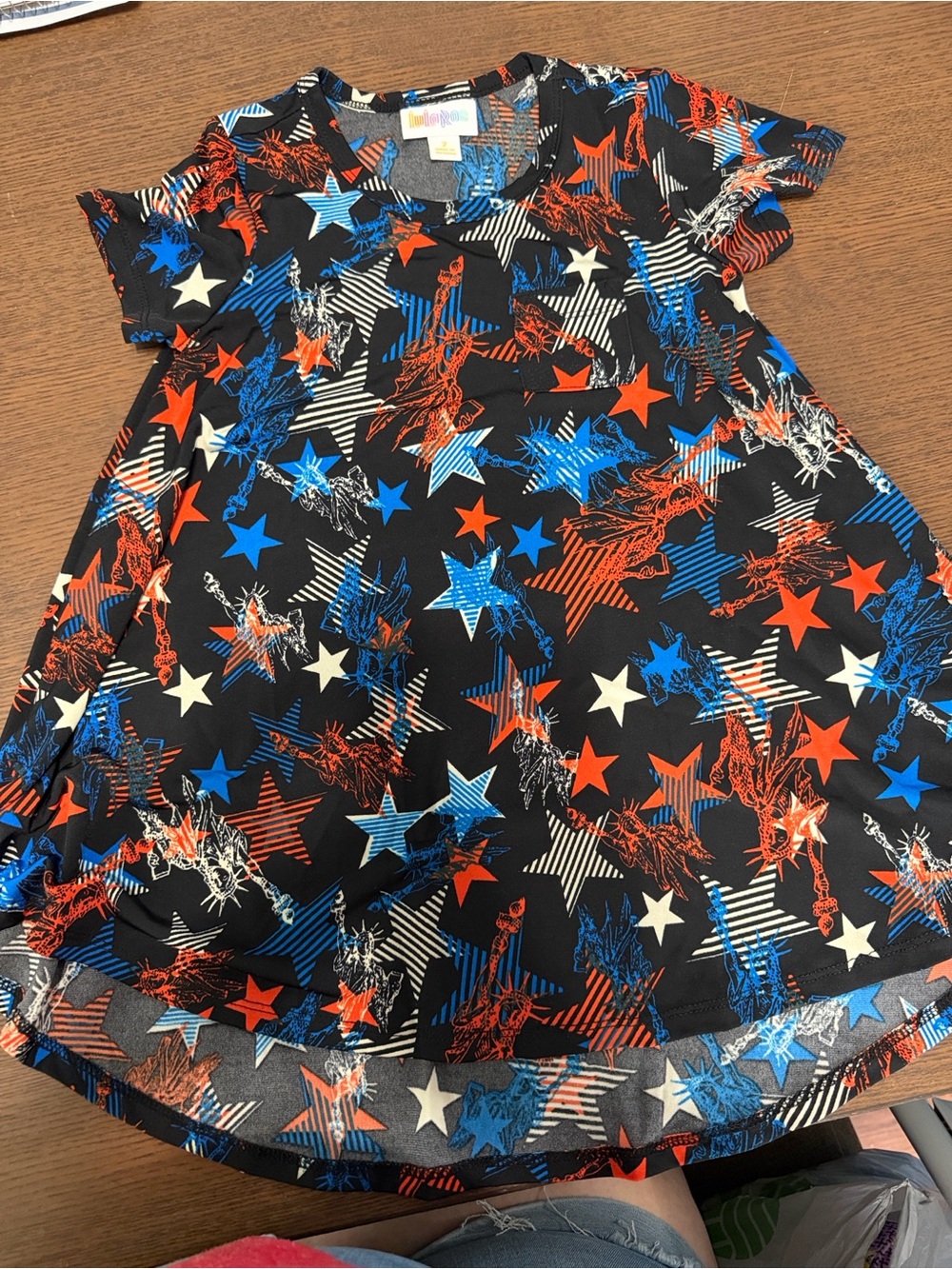 LuLaRoe Gray Top with Purple and Yellow Accents